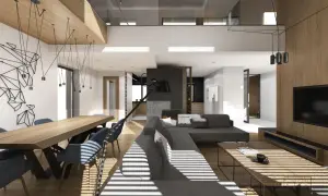 Nowoczesne wnętrze z jadalnią i salonem, drewniane elementy, szare meble, designerskie oświetlenie.