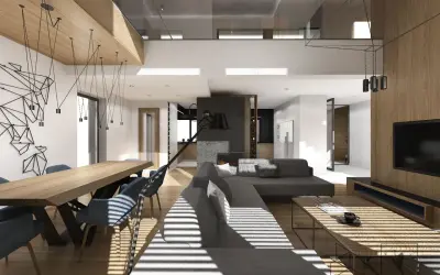 Nowoczesne wnętrze z jadalnią i salonem, drewniane elementy, szare meble, designerskie oświetlenie.