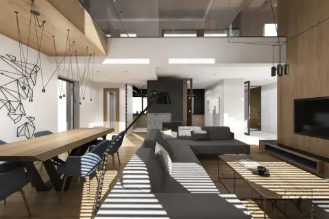 Nowoczesne wnętrze z jadalnią i salonem, drewniane elementy, szare meble, designerskie oświetlenie.