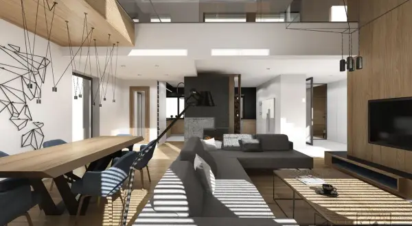 Nowoczesne wnętrze z jadalnią i salonem, drewniane elementy, szare meble, designerskie oświetlenie.