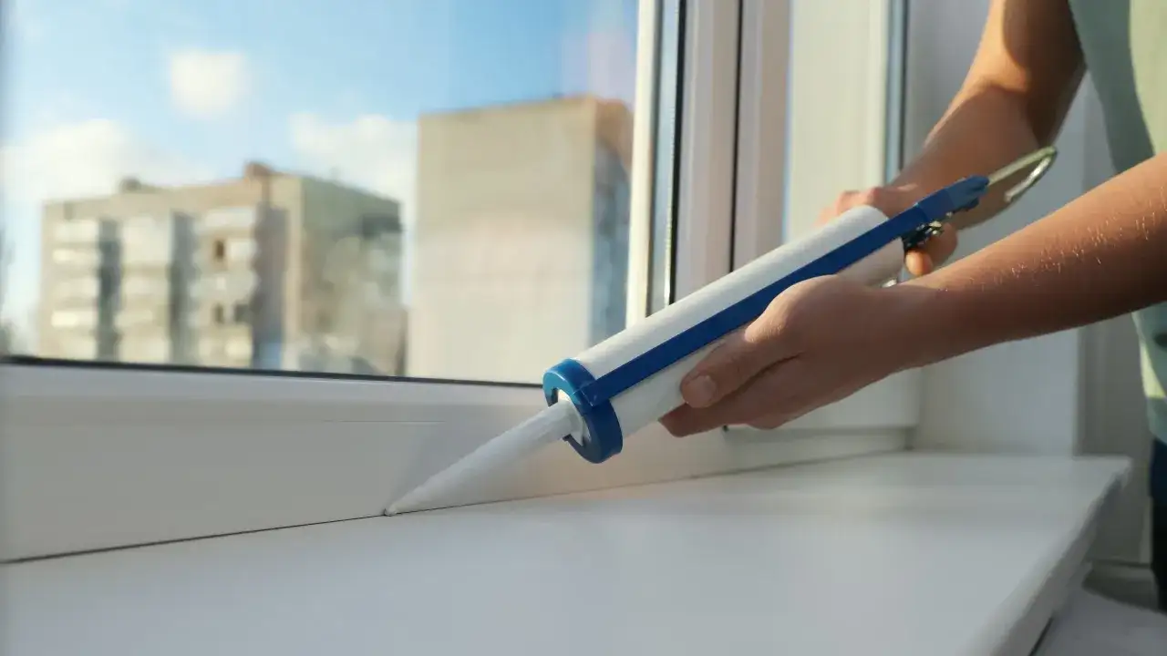 Osoba uszczelnia okna, aplikując masę uszczelniającą z pistoletu na parapecie.